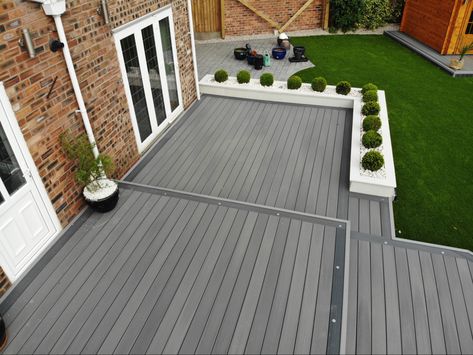 Composite Decking Liverpool Composite Decking Ideas Grey, Grey Decking Ideas Garden, Grey Decking Ideas, Composite Decking Ideas, Grey Composite Decking, New Build Garden Ideas, Composite Decking Designs, Deck Inspiration, Decking Ideas