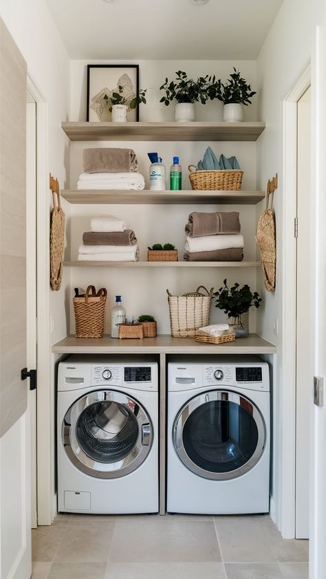 15 Narrow Laundry Room Ideas – The DIY Desire Small Hallway Laundry Room, Mini Utility Room, Small Laundry Room Under Stairs, Laundry Nook In Kitchen, Space Saving Utility Room Ideas, Loundry Small Room Ikea, Laundry Nook Ideas Hallways, Small Laundry Rooms Ideas, Small Laundry Space Ideas