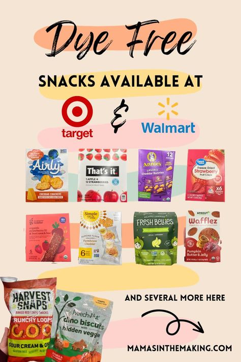 Dye free snacks for kids Dye Free Snacks For Kids, Red Dye Free Foods, Dye Free Snacks, Target Snacks, Organic Kids Snacks, Healthy Snacks For Toddlers, Dye Free Foods, Red Dye 40, Easy Toddler Snacks