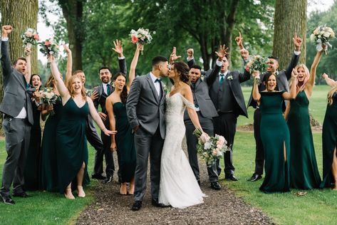 Emerald Green And Dark Grey Wedding, Emerald Green Wedding Family Photos, Dark Green Bridesmaid And Groomsmen, Forest Green Wedding Party Attire, Dark Gray And Green Wedding, Evergreen Bridal Party, Boho Bridesmaid Dress Green, Forest Green Bridal Party Attire, Emerald Green Bridesmaid Dresses And Groomsmen