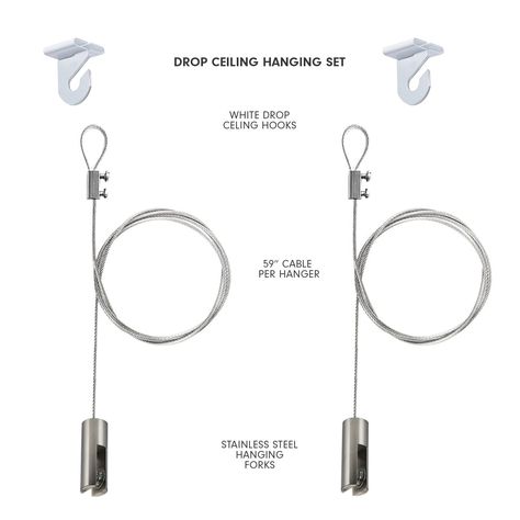 Our Hangers with Aircraft Cable with Stainless Panel Clamps make installing your hanging 3D Panels on any ceiling type. One set is needed for each vertical row of panels you would like to hang. Thanks to the easy installation process you can hang your Wall Flat system anywhere you would like in no time! We offer a flat ceiling attachment that grips the aircraft cable, a drop ceiling hook with an adjustable and a split beam hanger. All include a hook with an easy adjustable cable gripper. Product Beam Hangers, Flat Ceiling, Ceiling Hangers, Ceiling Types, Stainless Steel Panels, Drop Ceiling, Ceiling Hooks, Dropped Ceiling, 3d Panels