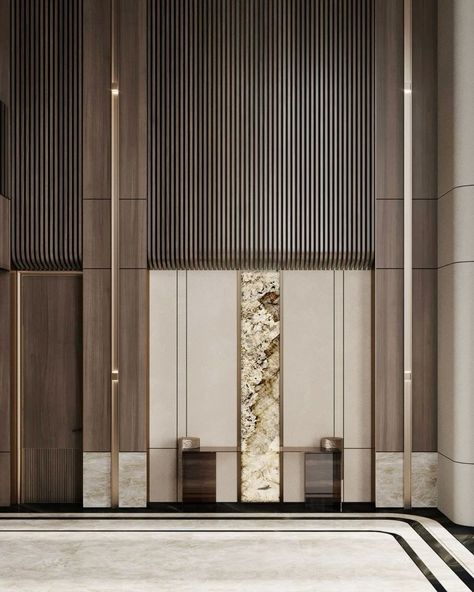 Wood Wall Detail, Residential Lobby Design, Entrance Lobby Design, Hotel Lobby Reception, Elevator Lobby Design, Lift Lobby, Elevator Interior, Hotel Lobby Design, Hotel Entrance