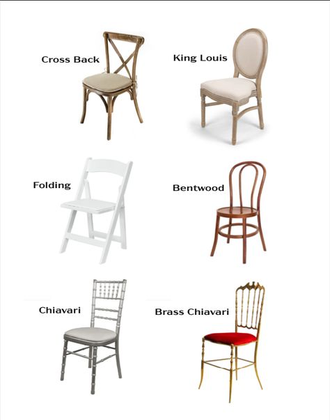 Types Of Chairs For Weddings, Types Of Wedding Chairs, Seat Decorations Wedding Chairs, Event Planning Design Table Settings, Event Chair Decor, Chairs For Events, Event Chairs Types, Wedding Table Chairs, Chairs For Wedding Reception