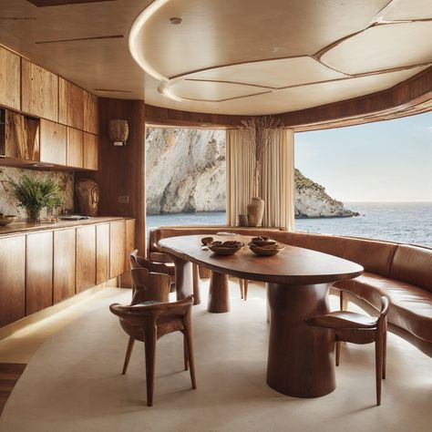 Set sail in style with this beautifully crafted yacht interior, where the elegance of curved wooden paneling meets the serenity of the sea. This space is a celebration of nautical sophistication, designed to provide an intimate connection with the ocean. Neverscene.ai draws inspiration from the fluidity of water and the warmth of wood to curate luxurious maritime interiors. Navigate through our AI design tools and anchor your unique vision of a lavish seafaring lifestyle. Yacht Interior Design Luxury, Wood Boat Interior, Coastal Ceiling, Yacht Decor, Wooden Paneling, Luxury Yacht Interior, Yacht Interior Design, Zen Interiors, Charleston Homes