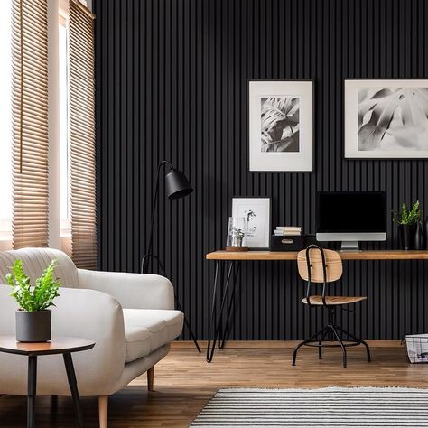 The Wood Veneer Hub on Instagram: "The Black Acupanel is proving to be a huge hit! With it’s incredibly stylish all Black slats and backing and it’s high quality matt finish…" Wood Interior Walls, Black Feature Wall, Laminate Wall, Wood Slat Wall, Interior Wall Decor, Acoustic Wall Panels, Acoustic Wall, 3d Wall Panels, Wood Panel Walls