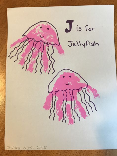 J is for Jellyfish Handprint art Hand Jellyfish Craft, Letter J Footprint Craft, J Is For Jellyfish Handprint, Jellyfish Footprint Art, J Is For Handprint Craft, Hand Print Sea Animals, I Is For Handprint Craft, J Is For Jellyfish Craft, Ocean Animal Handprint Art