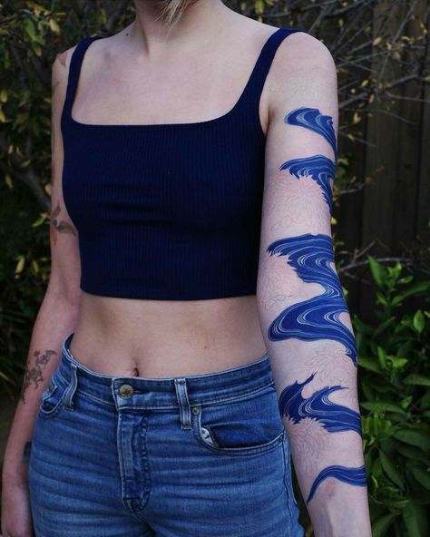 Blue Tattoo Sleeve, Rosie Core, Blue Ink Tattoo, Blue Tattoos, Black And Blue Tattoo, Blue Ink Tattoos, River Tattoo, Red Tattoo, Hand Tats