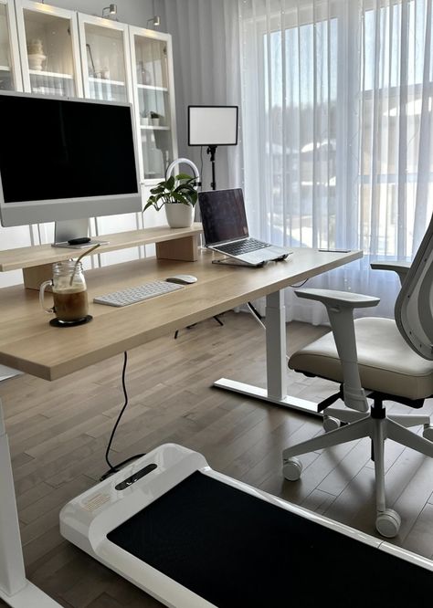 under-desk treadmill, self-care, lifestyle, work from home, career, productivity, exercise. Technology Organization Home, Walking Pad Desk Aesthetic, Work Office Decor Professional, Wfh Aesthetic, Standing Desk Treadmill, Walking Desk, Dr Office, Treadmill Desk, Under Desk Treadmill