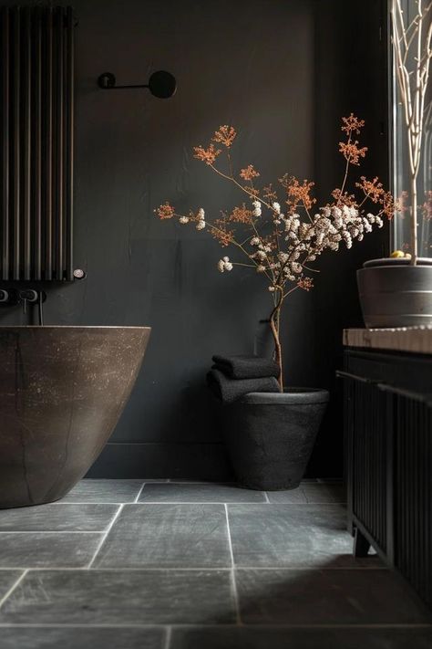 Sleek Black Bathroom Floor Ideas for Chic Homes Charcoal Floor Bathroom, Bathrooms With Black Tile Floors, Black Tile Master Bath, Black Bathroom Tile Floor, Black Bathroom Floors, Dark Bathroom Floors, Black Slate Bathroom Floor, Master Bathrooms 2024 Trends Modern, Bathroom With Black Floor