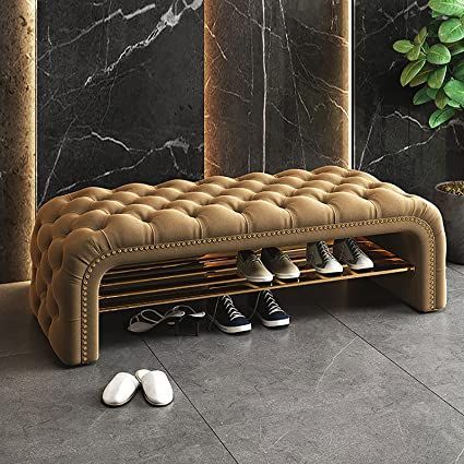 SS&LL Luxurious Button Tufted Entryway Bench,Velvet Upholstered Shoe Bench Rack Storage Organizer,Modern Comfy End of Bed Seat-Khaki 70x40x45cm(28x16x18inch), udme4-016 Tufted Bench Entryway, Shoe Rack Design Modern Luxury, Long Ottoman Bench, Bench Shoe Storage Entryway, Entryway Seat, Bedroom Benches, Bench With Cushion, Luxury Ottoman, Benches For Living Room