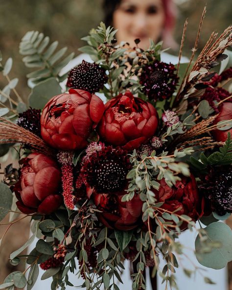 Deep Red Peony Wedding Bouquet Flit Photography #wedding #peony #weddingbouquet Dark Peonies Bouquet, Red Black And Green Bouquet, Spooky Wedding Flowers, Red Dried Flower Bouquet, Dried Red Flowers, Fall Peony Bouquet, Moody Fall Bouquet, Autumn Wedding Flowers October Bridal Bouquets, Alchemy Wedding