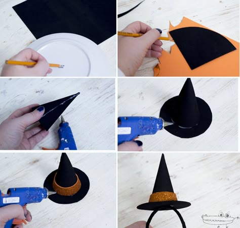 Si para Halloween os habéis decidido por el disfraz de bruja, en Manualidades infantiles tenéis todo lo necesario para haceros un disfraz casero: ya os hemos mostrado un maquillaje de bruja, ahora veremos cómo hacer un mini gorro de bruja muy mono. Materiales necesarios goma eva negra... Dekorasi Halloween, Halloween Hair Bows, Halloween Pumpkins Painted, Halloween House Party, Halloween Bows, Halloween Miniatures, Halloween Crafts Decorations, Felt Halloween, Halloween Activities For Kids