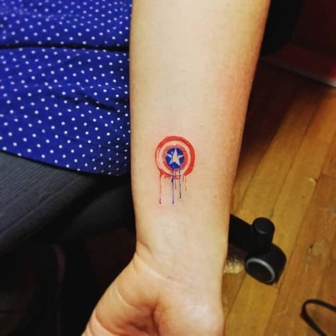 15 Watercolor Tattoos For Females Bday Tattoo, Captain America Tattoo, America Tattoo, Avengers Tattoo, 18th Bday, Marvel Tattoos, Shape Tattoo, Small Tattoos Simple, Small Wrist Tattoos