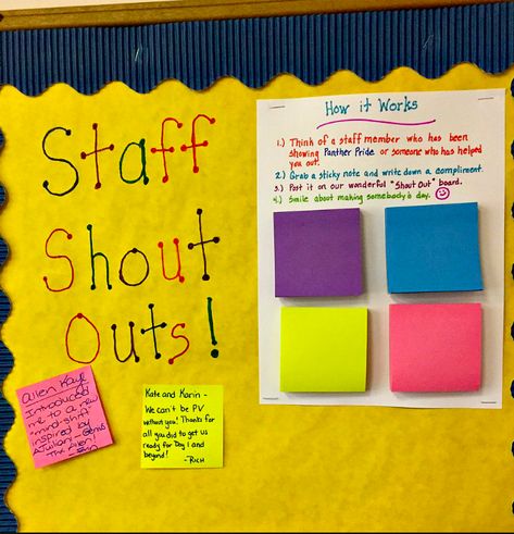 staff shout outs ! bulletin board Staff Bulletin Boards, Morale Ideas, Teacher Morale, Work Bulletin Boards, Staff Appreciation Week, Morale Boosters, Staff Morale, Staff Appreciation Gifts, Diy Classroom Decorations