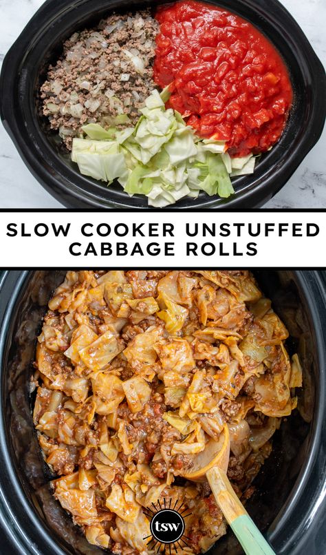 Easy Crockpot Unstuffed Cabbage Rolls - The Schmidty Wife Ground Beef Cabbage Crockpot Recipes, Easy Healthy Crock Pot Dinner, Cabbage Sausage Recipes Crockpot, Lite Easy Dinner Recipes, Cabbage Casserole Crockpot, Crockpot Unstuffed Cabbage, Beef Crockpot Recipes Healthy, Cabbage Soup Crockpot, Crockpot Cabbage Recipes