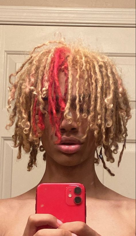 Dyed Freeform Locs, Pink Dreads Men, Red And Blonde Dreads, Dyed Curly Hair Men, Dread Color Ideas Locs, Dread Colors, Coloured Locs, Locs Color, Dyed Dreads