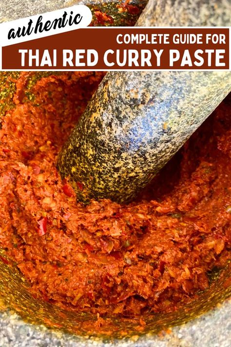 Close-up of Thai red curry paste in a granite mortar with pestle. Thai Red Curry Paste Recipe, Red Curry Paste Recipe, Curry Paste Recipe, Diy Spice Mix, Thai Red Curry Recipe, Thai Red Curry Paste, Red Curry Sauce, Thai Spices, Thai Curry Paste