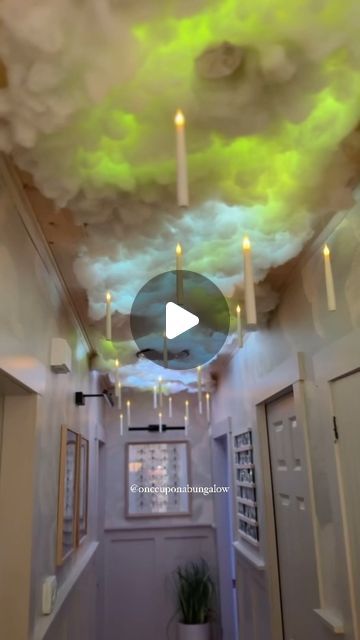 Shavonne Flegel on Instagram: "DIY Cloud Ceiling! ☁️⚡️Comment “LINK” for the supplies to make your own!  We love our cloud ceiling so much we leave it up until after Christmas!   ✨Follow @onceuponabungalow for more Home & DIY!   #diy #cloudceiling #diycloudceiling #diyprojects #diyproject #halloween #halloweendecor #harrypotter #harrypotterfan #harrypotteredit #potter #potterhead #harrypotterworld #clouds #interiordecor #halloweencrafts #halloweencraft #octobervibes #autumn #fallvibes #falldecor #autumndecor #october31 #halloween🎃 #falldecor #falldecorations #pumpkinseason #interior #crafting #easydiy" Hogwarts Ceiling Diy, Fake Clouds Diy, Halloween Cloud Ceiling, Lightning Clouds Ceiling Diy, Cloudy Sky Ceiling Diy, Cloud Lights On Ceiling, Diy Clouds Ceiling, Harry Potter Night Sky Ceiling, Halloween Ceiling