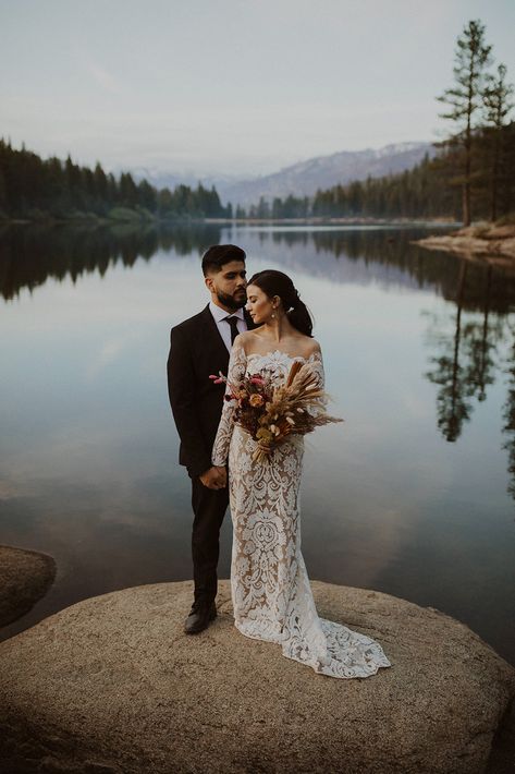 Lake Wedding Photography, Wedding Lake Photos, Wedding Session Photography, Scenic Wedding Photos, Lakeside Elopement, Lake Wedding Photos, Hume Lake, Hair And Makeup Ideas, Fashion Wedding Dress