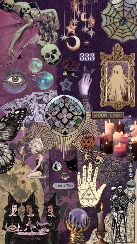 #spooky #halloween #witches #ghost #collage #maximalism #purple #cats #astrology #beauty #art Ghost Collage, Witch Wallpaper, Spiritual Wallpaper, Goth Wallpaper, Cocoppa Wallpaper, Witchy Wallpaper, Halloween Witches, Hippie Wallpaper, Edgy Wallpaper