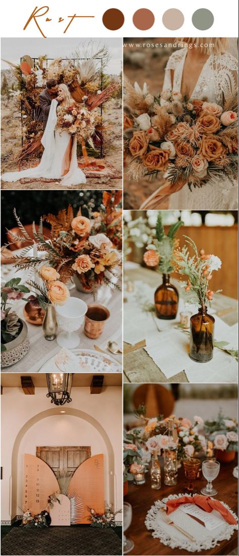 Rustic wedding colour scheme rust boho Colors For Fall Wedding, Wedding Colors For Fall, Orange Wedding Decorations, Orange Wedding Themes, Rust Wedding, Orange Wedding Colors, Fall Wedding Color Schemes, Rusting Wedding, Rust Colour