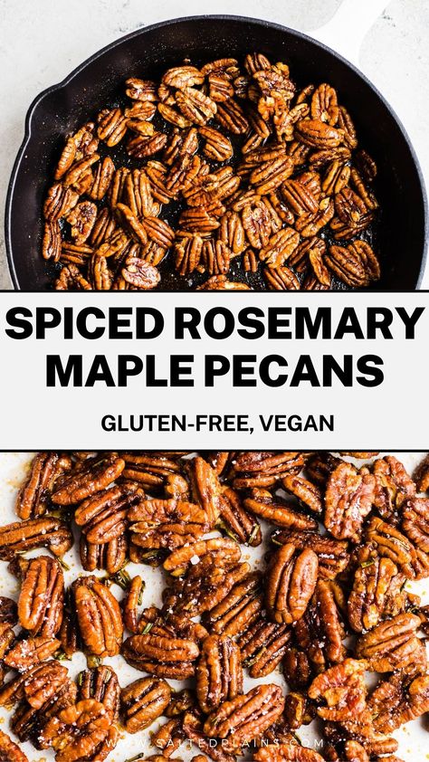 Elevate your snacking experience with these irresistible Spiced Rosemary Maple Pecans! Coated in a delightful blend of sea salt, spices, and infused with aromatic rosemary, these sweet and savory nuts are a flavor sensation. Perfectly suited for gluten-free and vegan lifestyles, they are a guilt-free indulgence. Treat yourself to a crunchy delight today! Rosemary Spiced Nuts Recipe, Rosemary Pecans, Maple Pecans, Spiced Nuts Recipe, Rosemary Sea Salt, Vegan Spinach Artichoke Dip, Savory Snack Recipes, Seasoned Pretzels, Chickpea Snacks