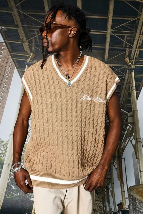 Oversized Cable Knitted Vest | BoohooMAN Vest Over Hoodie, Sweater Vest Outfits, Cardigans For Men, Sweater Vest Outfit, Smart Shoes, Mens Knit, Cable Knit Vest, Mens Hoodie, Cable Knit Jumper