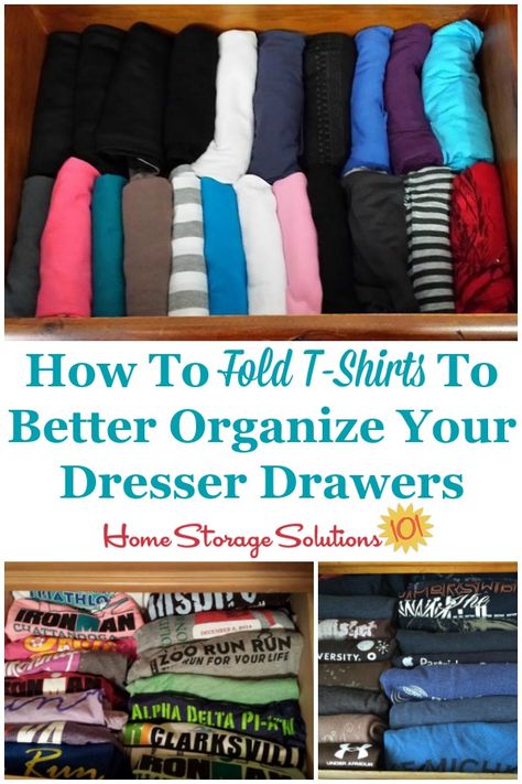 How to fold t-shirts to better organize your dresser drawers {on Home Storage Solutions 101} #FoldTshirts #FoldingTShirts #ClothingOrganization Organisation, Fold T Shirts, T Shirt Storage, Bedroom Storage For Small Rooms, Shirt Storage, T Shirt Folding, Dresser Drawer Organization, Room Organization Bedroom, Storage Solutions Closet