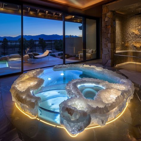 A geode-inspired hot tub would be a luxurious retreat, drawing inspiration from the natural beauty and crystalline structures found in geodes. Imagine soaking in a tub adorned with textured walls that mimic the intricate patterns and sparkling facets of geode interiors. The tub itself could be crafted from smooth, polished materials that reflect light in mesmerizing ways, evoking the vibrant hues of amethyst, quartz, or agate. LED lighting embedded within the tub could replicate the soft glow... Hot Tub Decor, Pebble Flooring, Tub Decor, Pebble Floor, Aesthetic Post, Luxury Architecture, Mansion Designs, Crystalline Structure, Gym Room