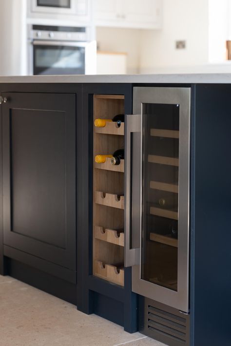 Wine Fridge Island, Wine Storage Kitchen, Kitchen Wine Fridge, Narrow Kitchen Island, Grey Shaker Kitchen, Wine At Home, Kitchen Island Storage, Shaker Kitchens, Kitchen Wine Rack