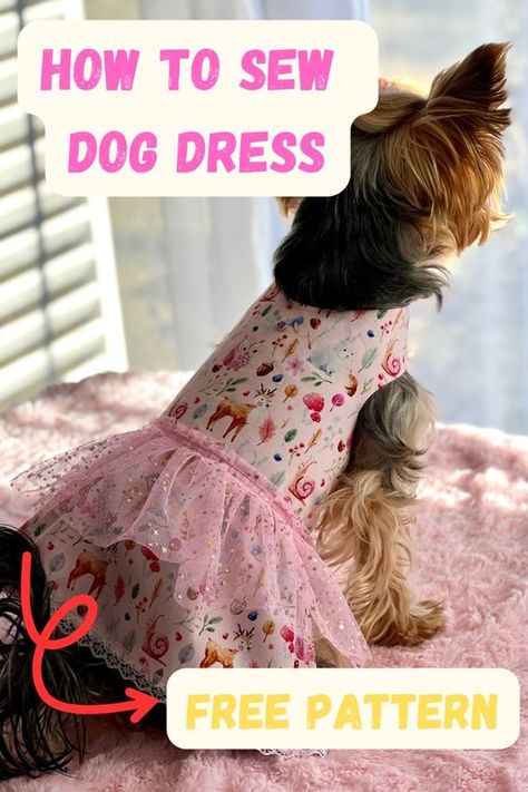 How to sew cute dog dress with free pattern. This dress is really simple because I use a dog harness pattern and one rectangle of fabric. For the decoration, I used pink pleated lace and white little lace for the dress hem. This part is optional if you don't want to be so extra. This is suitable for beginners. Couture, Sew Dog Harness Free Pattern, Dog Dress Sewing Pattern, Cat Dress Pattern Free Sewing, Small Dog Dress Pattern Free, Small Dog Clothes Patterns Free, Diy Dog Dress Pattern Free, Pet Clothes Patterns Free Sewing, Dog Dress Pattern Free How To Make