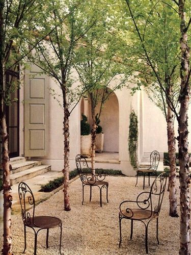 Trees planted in pea gravel....Exteriors- Eleanor Cummings Provence Garden, Veranda Magazine, French Country Living, Gravel Patio, Courtyard Design, Classic Outdoor, The Courtyard, French Garden, French Country Style