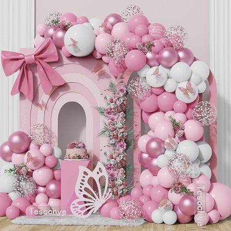 Pink Bow Balloon Arch, Pink Balloon And Flower Backdrop, Pink And Gold Balloon Arch With Butterflies, Teddy Bear Pink Backdrop Balloon, Butterfly Flower Balloon Garland, Butterfly Balloons, Pastel Birthday, Rose Gold Confetti, Baby Shower Purple