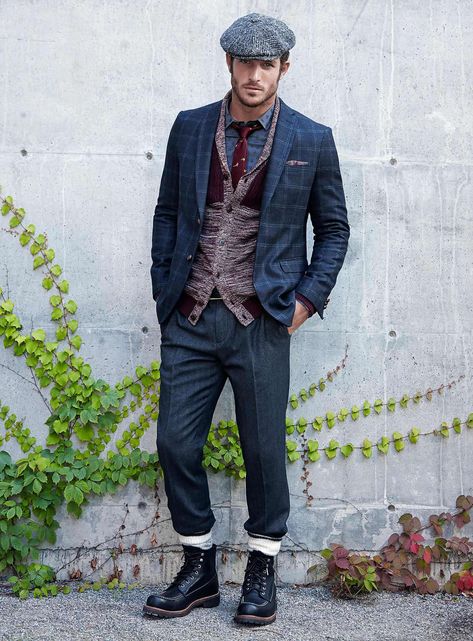 Justice Joslin, Mode Rockabilly, Flat Cap Men, Navy Dress Pants, Traje Casual, Denim Blazer, Sharp Dressed Man, Flat Cap, Gentleman Style