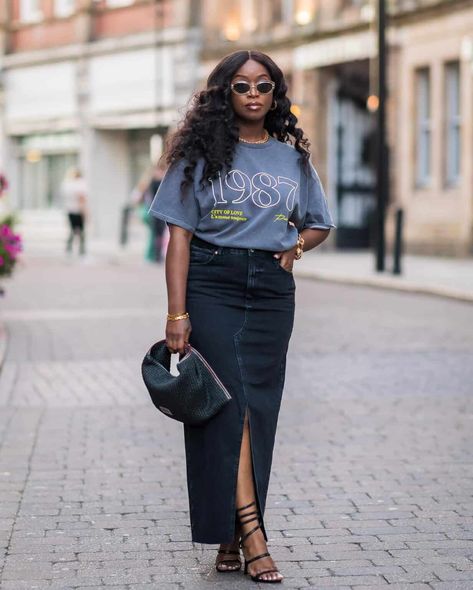 Black denim skirt outfit