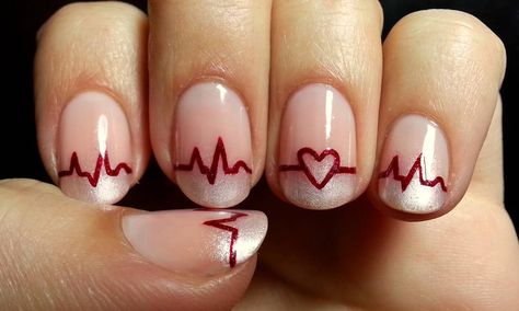 11.6k Likes, 199 Comments - Medical Doctors Worldwide (@medical.doctors) on Instagram: “Creative idea for medical students ➡ Awesome EKG themed Nail Design #doctor #medlife…” Nurse Nails, Valentines Nail, Graduation Nails, Valentine Nail Art, February Nails, Nail Designs Valentines, Holiday Nail, Holiday Nail Art, Manicure Nails