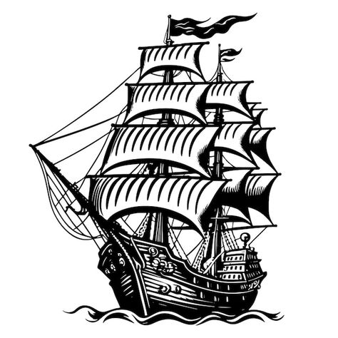 Vector retro sailing ship sailing on wav... | Premium Vector #Freepik #vector #old-ship #sailing-ship #ship-drawing #pirate-ship Ghost Ship Drawing, Pirates Ship Drawing, Drawing Pirate, Pirate Drawing, Pirate Vector, Ink Reference, Pirate Ship Drawing, Ship Video, Drunken Sailor