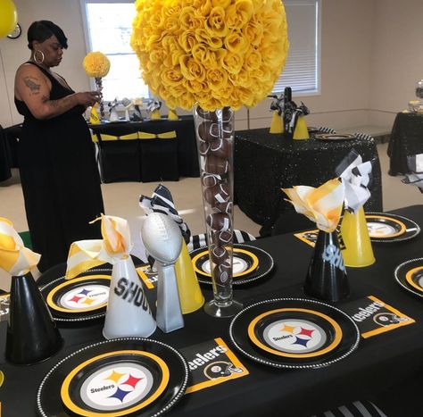 Pittsburgh Steelers Birthday Party, Steelers Party Decorations, Pittsburgh Steelers Party Ideas, Steelers Party Ideas, Steelers Themed Birthday Party, Steelers Birthday Party Ideas, Pittsburgh Themed Party, Football Banquets, Football Banquet Decorations