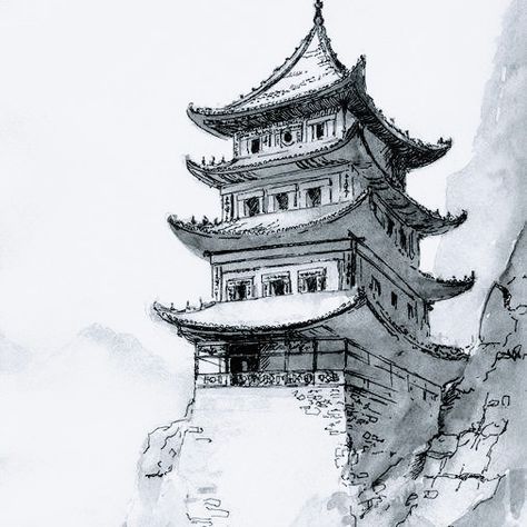 Japan Temple Sketch, Old Japanese House Drawing, Japan Mountain House, Japanese Village Tattoo, Japanese Temple Drawing Easy, Buddhist Architecture Sketches, Japanese Building Sketch, Japan Architecture Drawing, Japan Building Drawing