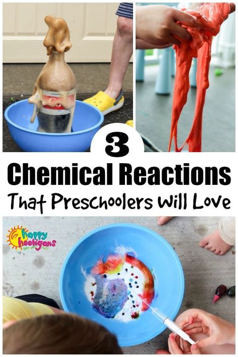 These easy chemical reaction experiments are fun and fascinating for toddlers and preschoolers and great for teaching young kids about chemistry. Using ingredients you already have around the house, your kids will make baking soda fizz, mentos and Diet Coke explode, and turn a solid into a liquid. #ScienceForKids #KidsScienceExperiments #ScienceForPreschoolers #PreschoolActivities #DaycareActivities #HomeDaycare #KidsActivities #ActivitiesForKids #ExperimentsForKids #LearningKids #Educational #L Montessori, Chemical Reaction Experiments, Experiments For Toddlers, Experiments For Preschoolers, Science Experiments Kids Preschool, About Chemistry, Toddler Science Experiments, Happy Hooligans, Science Experiments For Preschoolers