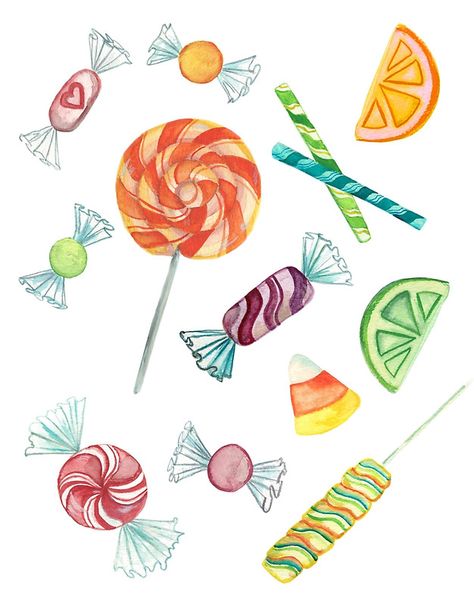 Sweet Treats Drawings, Drawing Candy Art, Sweet Treat Drawing, Candy Land Drawing, Candy Drawing Easy, Candyland Painting, Candy Art Drawing, Watercolor Candy Paintings, Candy Sketch