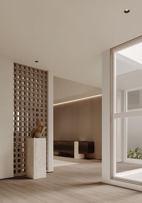 Minimalist Partition Design, Indoor Wall Cladding, Partions Design Interiors, Japandi Lobby, Interior Partition Design, Separators For Living Room, Separator Design, Column Cabinet, Zen Interiors