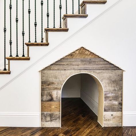 Under The Stairs, Farmhouse Side Table, Dog House Diy, Cute Dorm Rooms, Stair Decor, Dog Rooms, Stair Storage, Room Transformation, Under Stairs