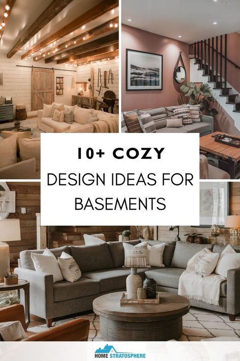 A collage of cozy basement designs showcasing different decor ideas, including warm lighting and comfortable seating, perfect for inspiration. Modern Basement Apartment Ideas, New Basement Design Ideas, Hygge Basement Ideas, Modern Cottage Basement, Half Basement Remodel, Basement Redesign Ideas, Basement Den Ideas Cozy Living, Basement With Carpet Ideas, Cosy Basement Living Room