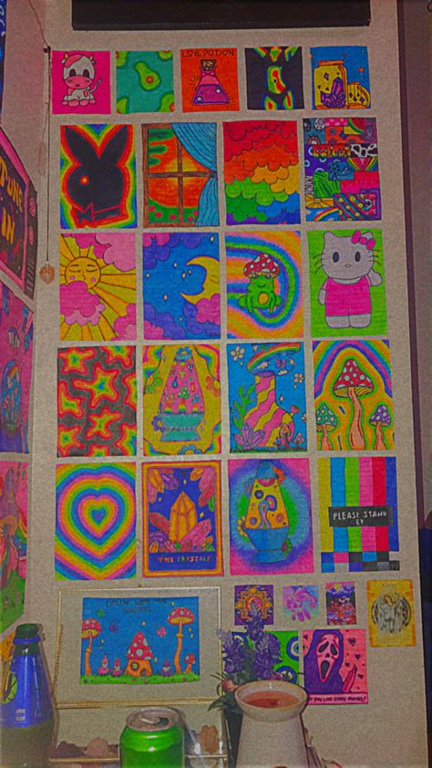 Colourful, indie, trippy, collage, rainbow Indie Drawings Ideas For Wall, Aesthetic Indie Drawings For Wall, Things To Draw For Your Room Wall, Things To Draw To Decorate Your Room, Indie Art Inspiration, Drawing Ideas For Walls Bedroom, Cool Indie Drawings, Things To Draw For Room Decor, Felt Tip Drawings