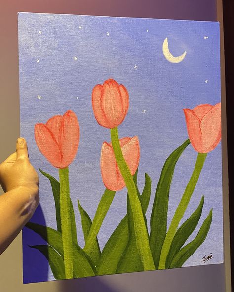 acrylic painting. inspo: youtube   #tulips #acrylic #acrylicpaint #painting Tulip Easy Painting, Flower Painting Ideas Easy Simple, Inspo Painting Ideas Easy, Lukisan Love, Beginner Acrylic Painting Ideas Simple, Easy Kids Painting Ideas On Canvas, Drawing Canvas Ideas, How To Paint Tulips Acrylics, Tulip Art Painting