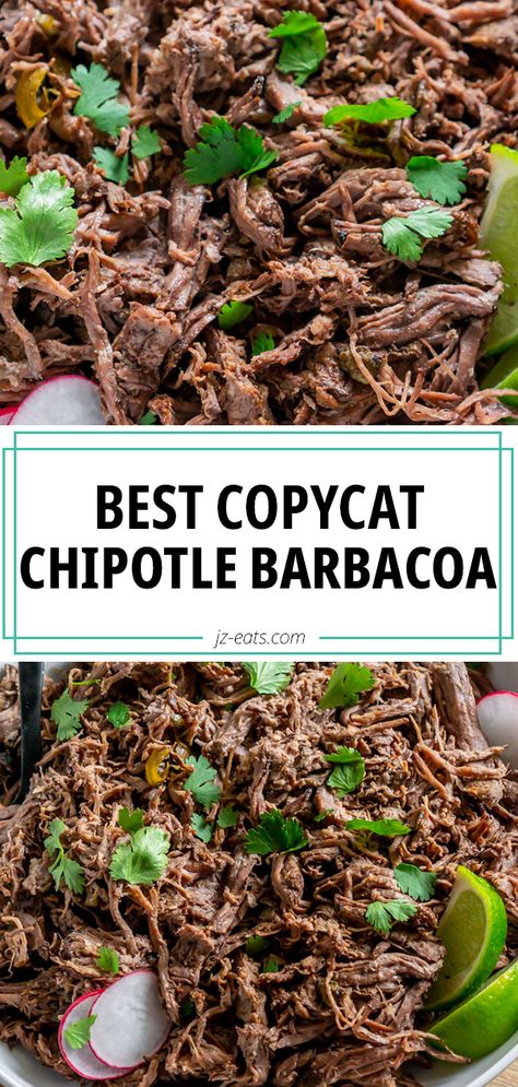 This Copycat Chipotle Barbacoa Recipe is the Mexican night of your dreams. If you love beef barbacoa, you've got to try this! It's low carb, easy to make, and fall apart delicious! #barbacoa #barbacoabeef #chipotlebarbacoa #copycatrecipes Essen, Copycat Chipotle Barbacoa, Barbacoa Crock Pot, Chipotle Barbacoa Recipe, Gd Recipes, Chipotle Barbacoa, Chipotle Copycat Recipes, Fiesta Food, Chipotle Recipes