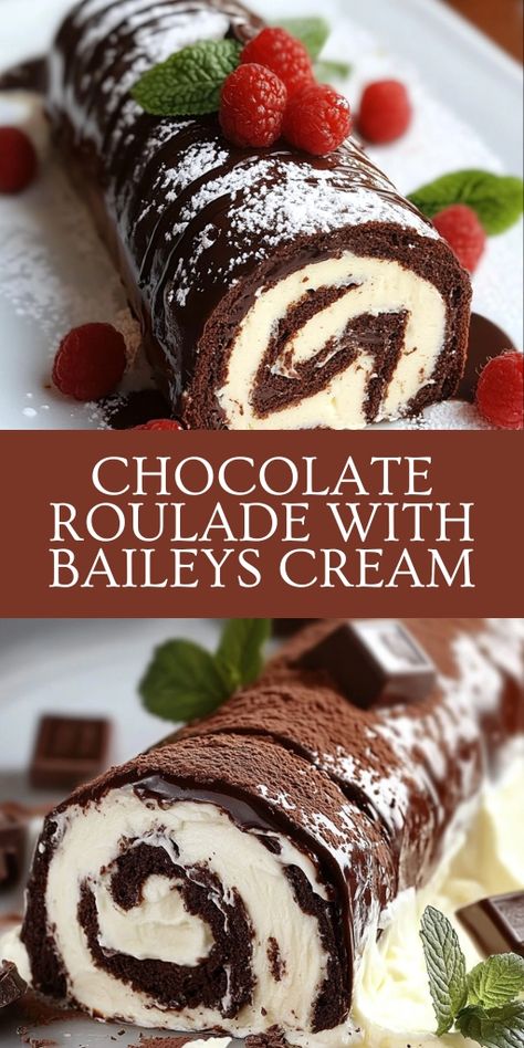 Discover the ultimate indulgence with this Chocolate Roulade with Baileys Cream! 🍰🍫 A light, airy chocolate sponge rolled with silky Baileys-infused cream makes for a decadent dessert your guests will rave about. Perfect for special occasions, holidays, or just because you deserve a treat. Follow this easy recipe to impress at your next gathering! #ChocolateDesserts #BaileysCream #RouladeRecipe #HolidayBaking #DessertGoals 💕🍀 Baileys Dessert Recipes Easy, Roulade Recipe Desserts, Baileys Recipes Desserts, Irish Cakes, Chocolate Roulade Recipe, Baileys Cream, Cinnamon Roll Desserts, Baileys Dessert, Chocolate Roulade