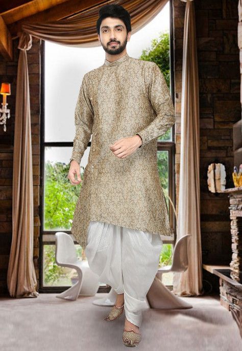 Woven Art Silk Jacquard Asymmetric Dhoti Kurta in Beige Men’s Dhoti Kurta, Wedding Dhoti Kurta For Groom, Patani Kurta Men, Dhoti Kurta For Men, Marriage Dress For Men, Bridegroom Outfits, Dhoti Pants For Men, India Fashion Men, Mens Traditional Wear