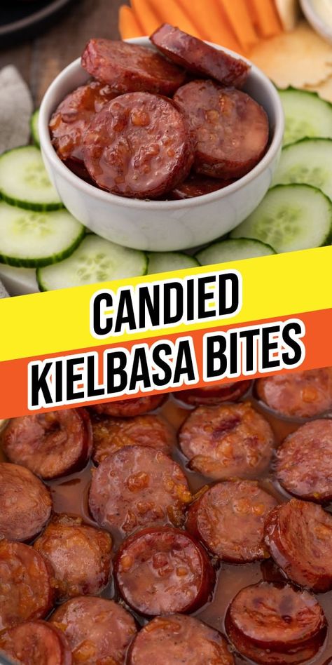 Candied Kielbasa Bites are the ultimate go-to party appetizer with a savory and sweet marmalade glaze. Try them at your next game-day party! Iowa Party Bites Recipe, Brown Sugar Kielbasa Bites, Kilbasa Sausage Recipes Appetizers, Kielbasa Appetizer Recipes, Iowa Party Bites, Meatball Pineapple Smokies, Smoked Sausage Appetizers, Pineapple Smokies, Glazed Kielbasa Bites